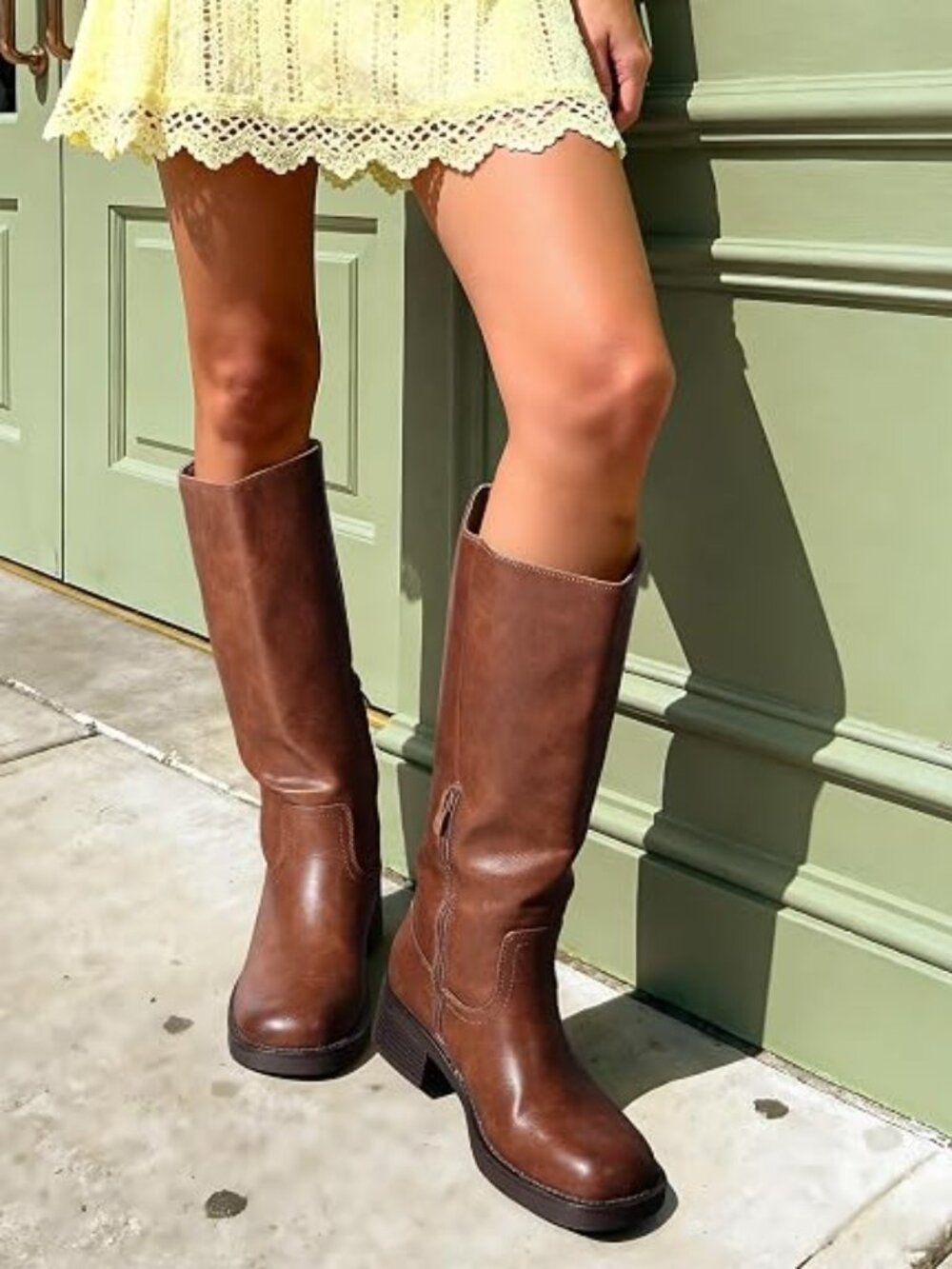 Women's Square Toe Platform Chunky Block Heel Knee High Riding Boots